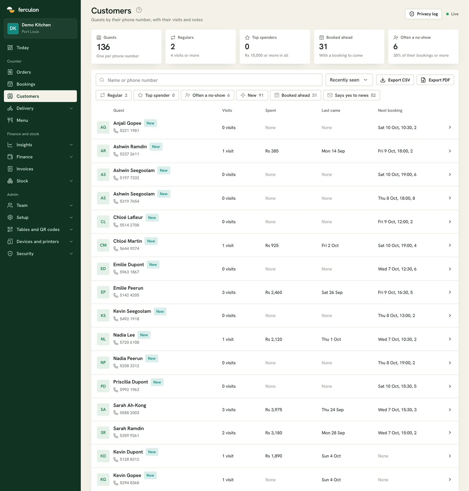 A customer records screen listing guests by phone number with their visits, spend, bookings and notes